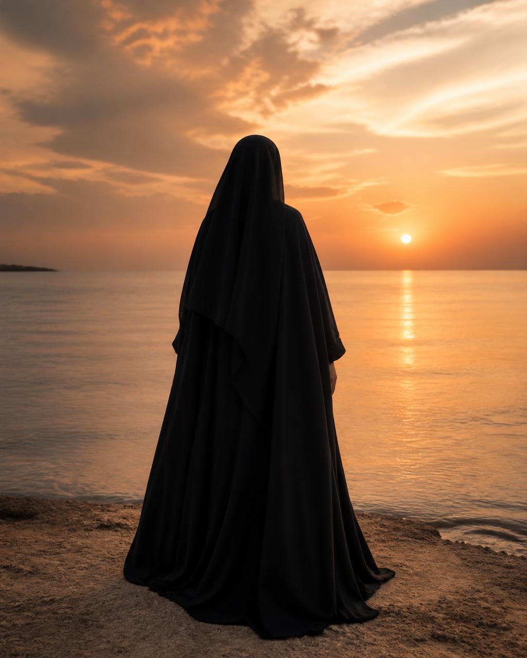 Une femme voilée de dos face à la mer au lever du jour